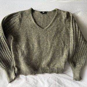 FRYE Women's V Neck Wool Blend Sweater with Puff Cableknit Sleeves Size L